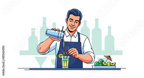 Professional bartender skillfully pouring a vibrant, refreshing cocktail at a stylish bar, creating a lively and inviting atmosphere for customers