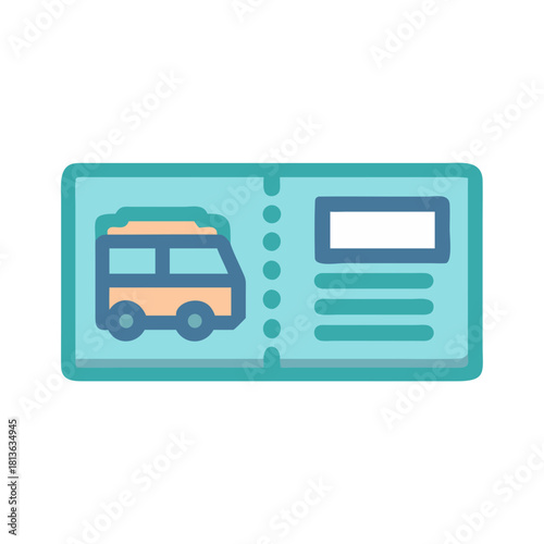 Retro style travel ticket graphic with a bus image