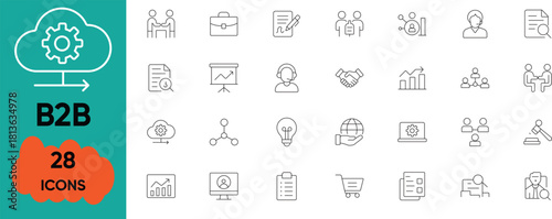 B2B Collaboration Icons Set with Corporate Partnership, Strategy, Communication, Workflow, Client Service, Deal and Essential Business Operations Symbols.