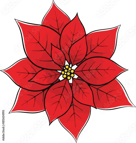 A vibrant red poinsettia flower with yellow centers, commonly associated with Christmas and holiday decorations, depicted with detailed leaves.
