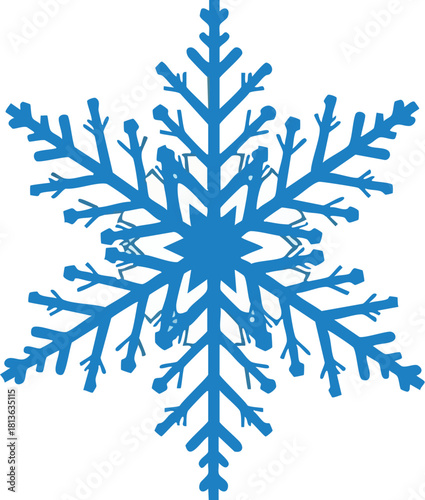 A detailed illustration of a single blue snowflake with a complex crystalline structure on a white background.