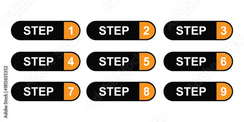Modern "Step" Numbered Flag Icon Set (1-9) for Process Timelines and Infographics - Black and Brown Variations
