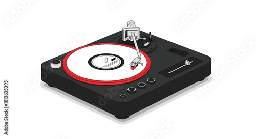 Modern vinyl record player with red accent, perfect for music-themed designs, retro ads, and sophisticated entertainment concepts
