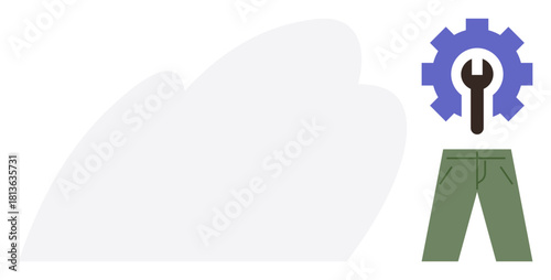 Gear with wrench above green pants symbolizing repair, maintenance, or sustainability in clothing. Ideal for fashion, repair, sustainability, DIY, eco-consciousness, manufacturing practical skills