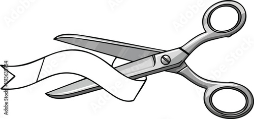 A detailed illustration of a pair of scissors cutting a white ribbon, symbolizing an opening or celebration.