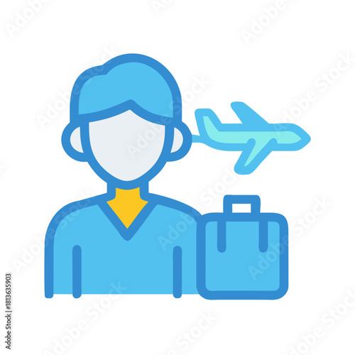 Stylized traveler with luggage and airplane travel icon design