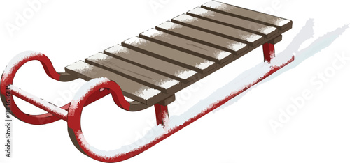 A detailed illustration of a classic red sled with wooden slats, covered in snow, ready for winter fun.