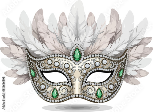 Ornate masquerade mask with feathers and jewels.