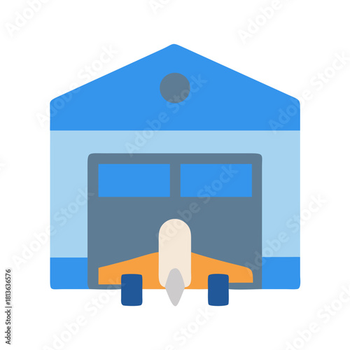 Flat Design Illustration of Airplane in Hangar on Black Background