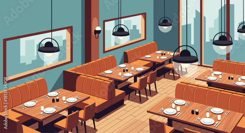Stylish restaurant interior with modern lighting and comfortable booths ready for diners to enjoy a delicious meal and create happy memories