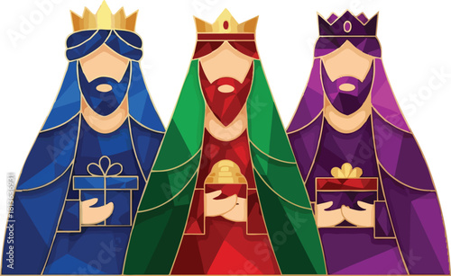Illustration of the three wise men, each holding gifts, wearing crowns and robes.