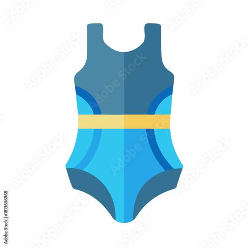 Illustration of blue one-piece swimsuit with yellow waist band