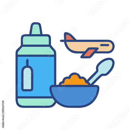 Illustrated baby food and airplane against black background