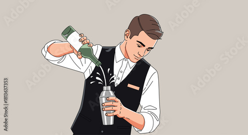 Professional bartender pouring drink into shaker for cocktail creation, perfect for bar promotions and mixology blog illustrations