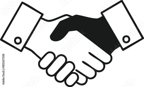 Black and white graphic illustration of two hands shaking, symbolizing agreement or partnership.