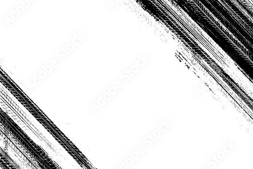 Tire tracks background for rally, drift, motocross, off-road and other auto and motorsport. Black tire marks on a white background with a worn effect and splashes of dirt. Vector isolated texture