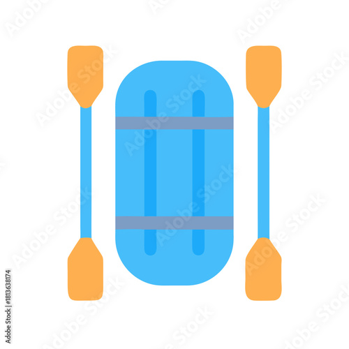 Stylized inflatable raft and paddles on solid background