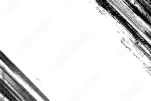 Tire tracks background for rally, drift, motocross, off-road and other auto and motorsport. Black tire marks on a white background with a worn effect and splashes of dirt. Vector isolated texture
