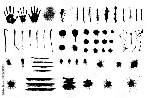 Dirty collection of paint splatter imitating blood, cut marks, splashes, drops, blots, spray, bloody hand and dirty fingerprints. Isolated set blood ink with splashes and drops. Red grunge set