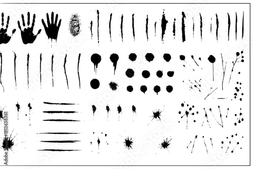 Dirty collection of paint splatter imitating blood, cut marks, splashes, drops, blots, spray, bloody hand and dirty fingerprints. Isolated set blood ink with splashes and drops. Red grunge set