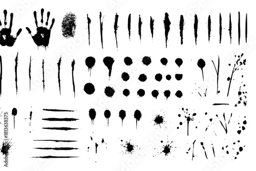 Dirty collection of paint splatter imitating blood, cut marks, splashes, drops, blots, spray, bloody hand and dirty fingerprints. Isolated set blood ink with splashes and drops. Red grunge set