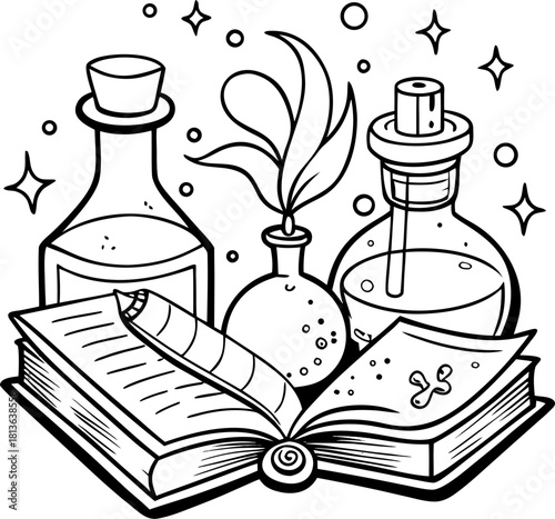 Magic potion bottles and spell book coloring page line art vector line art vector art black and white , white background