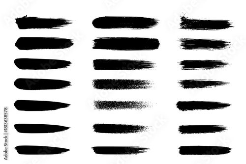 Dried brush strokes isolated on white background acrylic grunge brushes, vector texture, brush strokes stencil. Textured paint silhouette, trace of brush drawing. Vector graphics, isolated set