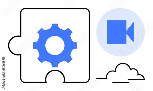 Gear inside puzzle piece with video camera icon and cloud outline, symbolizing collaboration, innovation, digital tools, workflow optimization, technology solutions, integration, simple flat metaphor