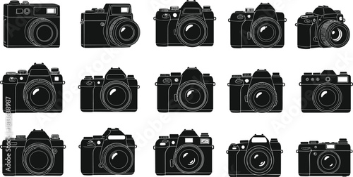 Camera silhouette icons, DSLR, mirrorless, compact, vintage styles, photography equipment, flat vector, cad drawing flat vector illustration