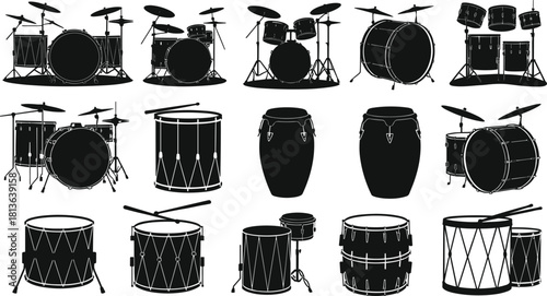 Drum silhouette icons, percussion instruments, drum kits, conga, bongo, snare, cymbal, flat vector, cad drawing flat vector illustration