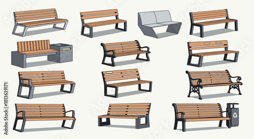 Diverse collection of park benches for urban spaces, offering variety for landscape architecture and public amenity designs in inviting environments