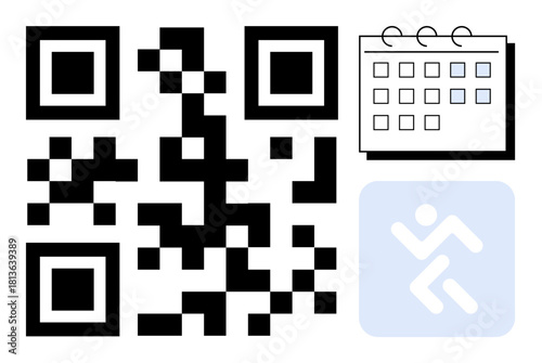QR code beside a calendar with marked dates and a running icon for activity tracking. Ideal for time management, event planning, fitness tracking, technology integration, organization, productivity