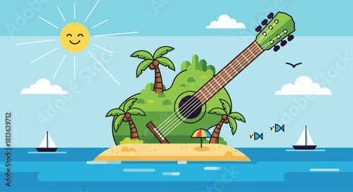 Vibrant guitar island scene, perfect for summer vibes, music lovers, and tropical getaways, creating a happy, fun atmosphere