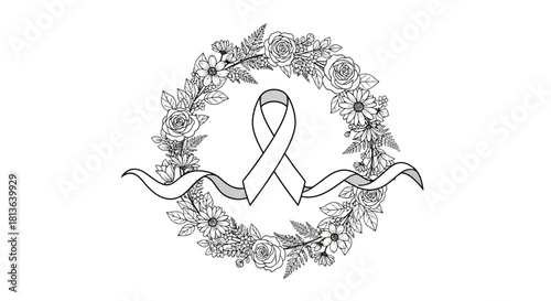 Floral wreath with awareness ribbon offers a message of hope and support for sensitive campaigns, presentations, and heartfelt designs