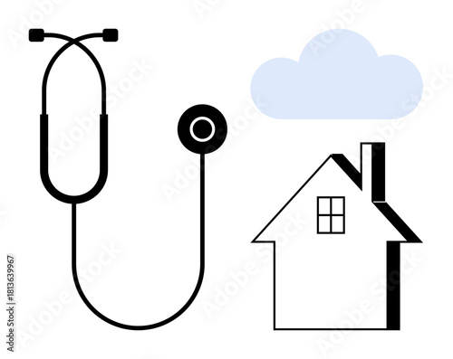 Black stethoscope, simple house, and cloud conceptually reflect telemedicine, home healthcare, remote diagnosis, flexible healthcare access, digital medical tools, personalized care, simple flat