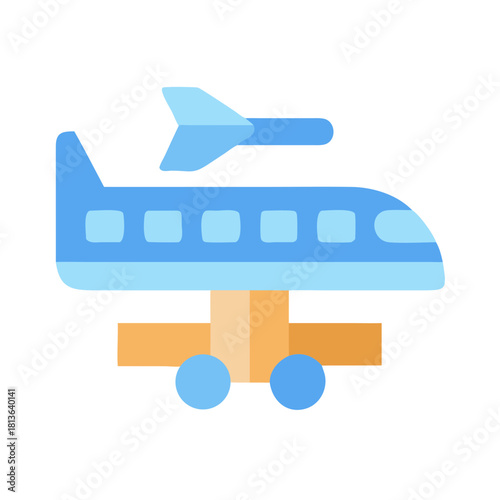Flat graphic illustration of airplane on transport vehicle isolated