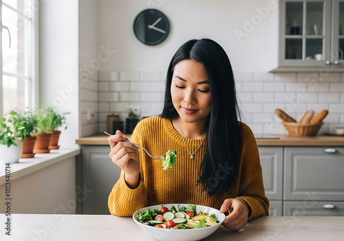 Radiant woman enjoying fresh salad in bright kitchen, embracing healthy eating habits