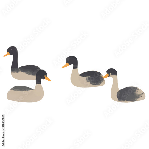 Traditional Sumi-e ink painting of a flock of ducks swimming in water, depicted in a minimalist style. Hieroglyph