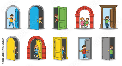 Playful diverse kids peeking through colorful doors - perfect for illustrating choices, opportunities, and new beginnings in education materials