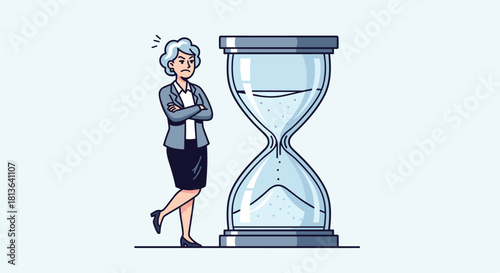 Frustrated businesswoman waiting for time to run out near hourglass, deadlines and time management concepts need this professional image