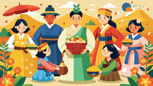 A group of people are standing in a field with a basket of fruit. The scene is colorful and lively, with many different people and items. Scene is cheerful and inviting