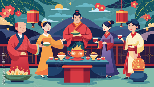 A group of people are gathered around a table with food, including bowls and cups. The atmosphere is lively and social, with people enjoying each other's company and sharing a meal together