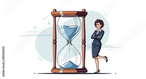 Confident businesswoman waits as time runs out on giant hourglass, illustrating deadlines, project delays and pressure to perform in corporate world