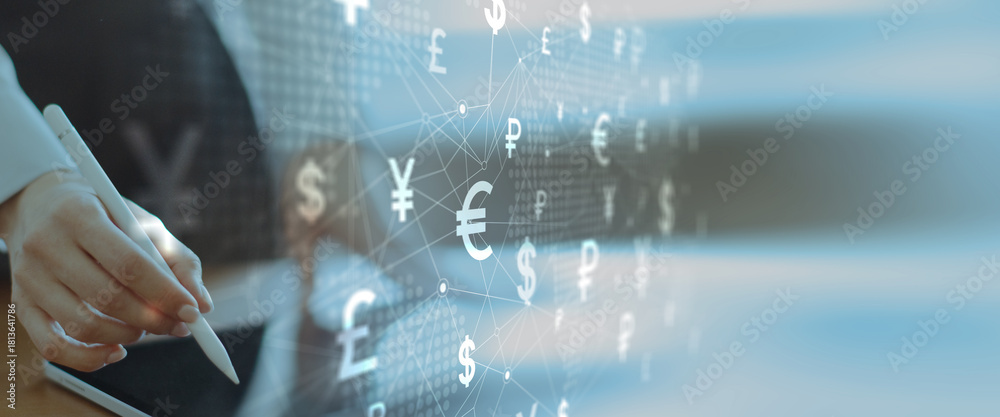 Fototapeta premium Global Currency Symbols Network Interface on Digital Tablet in Financial Technology Environment.