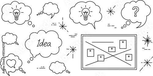 Brainstorming session hand drawn ideas questions and planning board illustration
