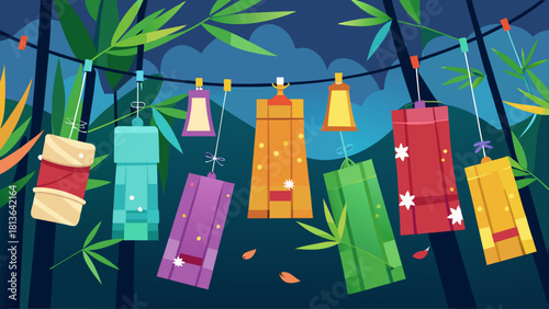 A colorful array of lanterns hanging from a tree. The lanterns are of different colors and sizes, and they are hanging from a rope. The scene is set in a forest