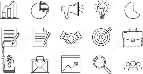 Hand drawn business icons set finance marketing and strategy symbols