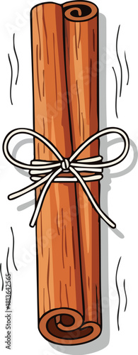 A cartoon illustration of two aromatic cinnamon sticks tied together with a white bow, suggesting warmth and spice for culinary use.