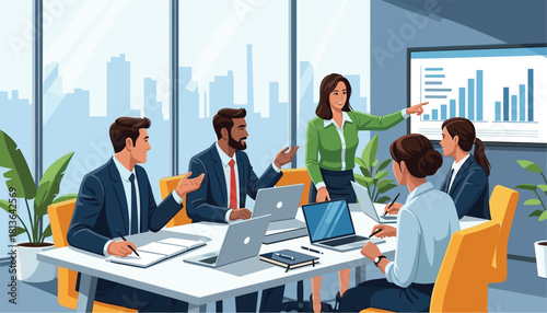 Dynamic business presentation showcasing key performance indicators to diverse team in modern workspace with laptops and engaging discussion