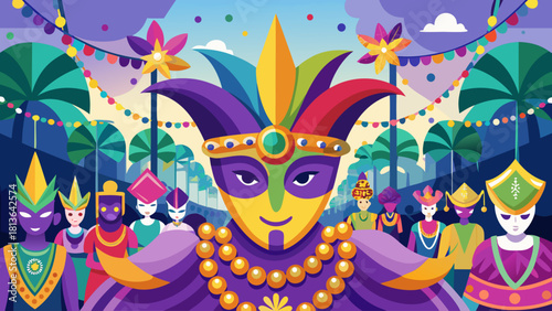 A colorful parade scene with a man in a purple mask and a gold necklace. The man is smiling and surrounded by other people in colorful costumes